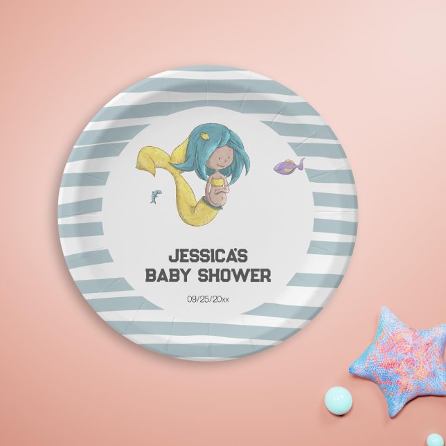 Gelbe Meerjungfrau Schwanz Schwangere Meerjungfrau Pappteller (Cute Pregnant Mermaid Baby Shower Party Paper Plates by Kinda Cute by Patricia Alvarez)