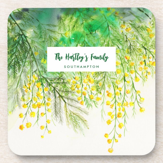 Gelbe Mimosa Floral Aquarellmalerei Getränkeuntersetzer (Vorderseite)