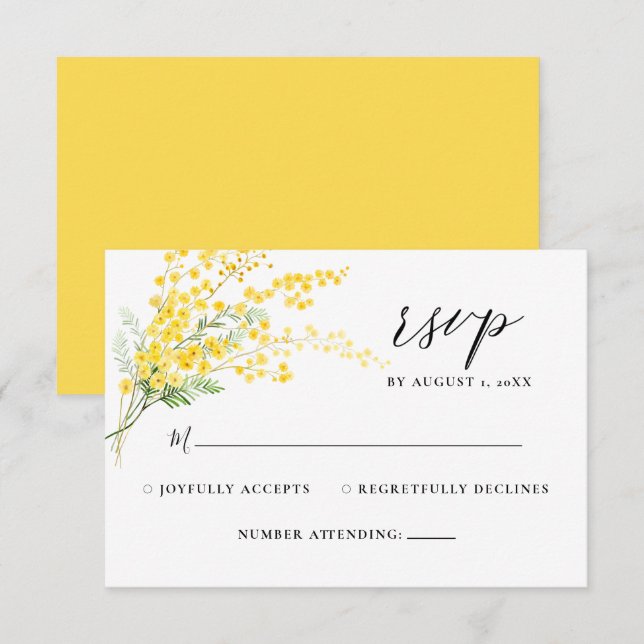 Gelbe Mimosa Frühlingsblumen Hochzeit RSVP (Vorne/Hinten)
