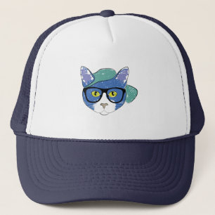 GELBE MIT AUGEN KATZE IN SCHWARZEN GLASEN UND GRÜN TRUCKERKAPPE