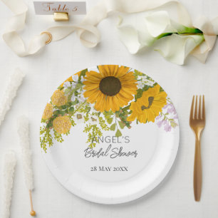 Gelbe moderne Sonnenblumen Bouquet-Brautparty Pappteller