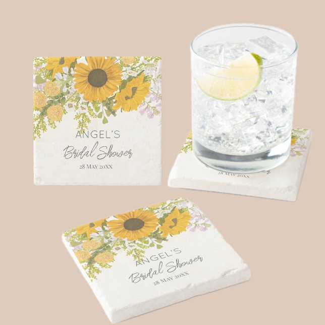 Gelbe moderne Sonnenblumen Bouquet-Brautparty Steinuntersetzer (Von Creator hochgeladen)