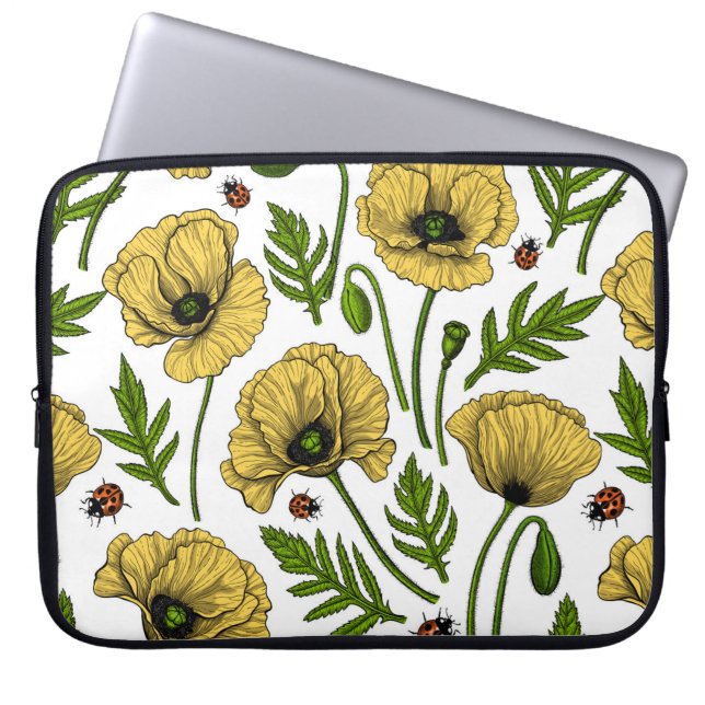 Gelbe Mohn und Ladybugs Laptopschutzhülle (Vorderseite)