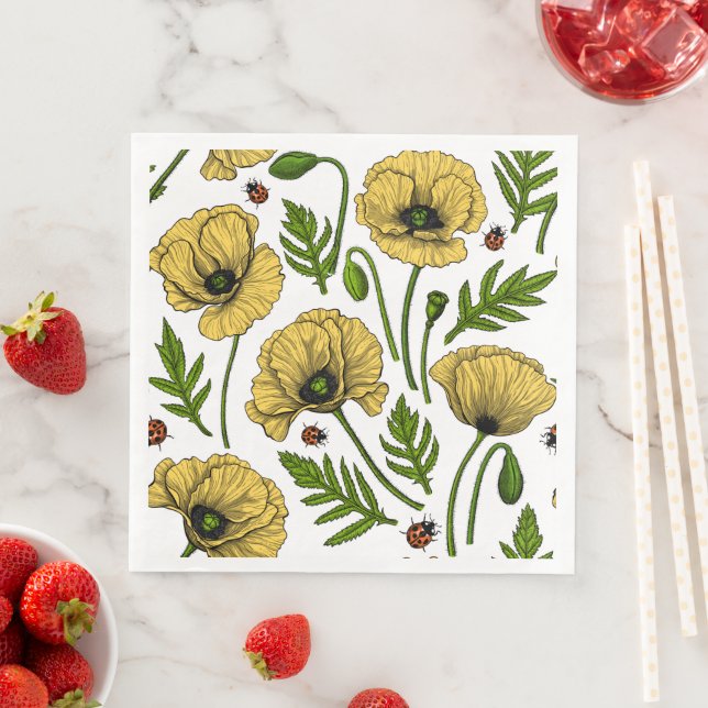 Gelbe Mohn und Ladybugs Serviette (Beispiel)