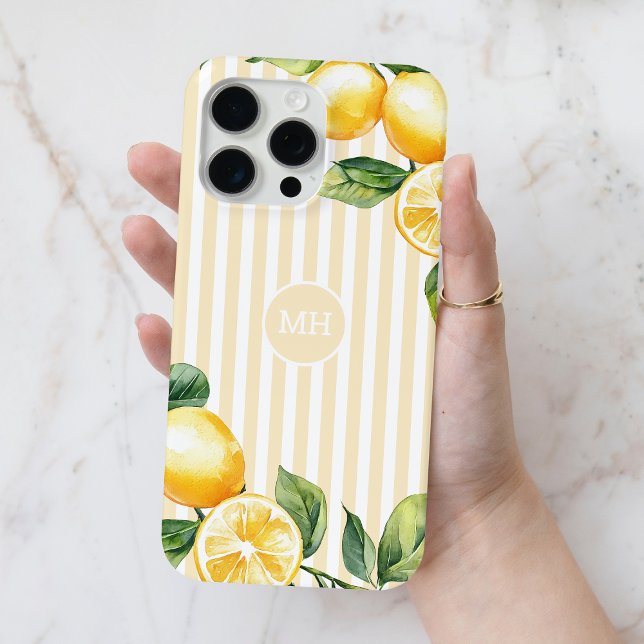 Gelbe Mongram Lemon Eleganter Streifen Mittelmeer Case-Mate iPhone Hülle (Yellow Monogram Lemon Elegant Stripe Mediterranean Case-Mate iPhone Case)