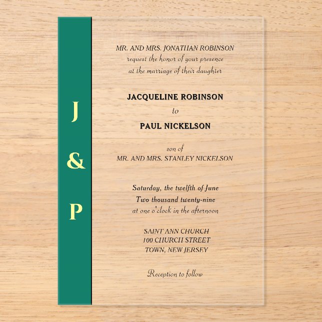 Gelbe Monogramm-Brille und Gelb klar Acryleinladungen (Vorderseite)