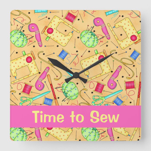 Gelbe Nähbegriffe Art Time to Nähen Name Custom Quadratische Wanduhr (Vorderseite)