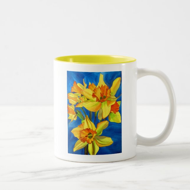 Gelbe Narzisse Blume Aquarellkunst Zweifarbige Tasse (Rechts)