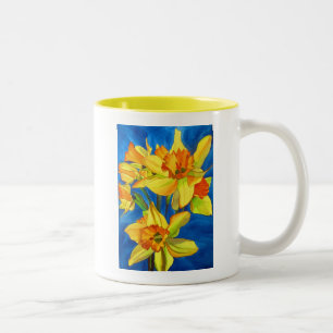 Gelbe Narzissennarzissen-Blumen Watercolorkunst Zweifarbige Tasse