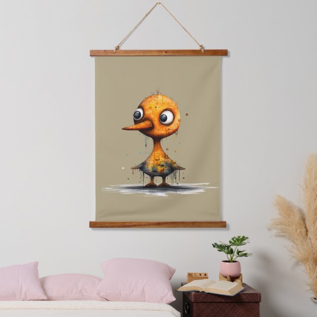 Gelbe Nasse Abstrakte Angry Duck Wandteppich Mit Holzrahmen (Schlafzimmer)