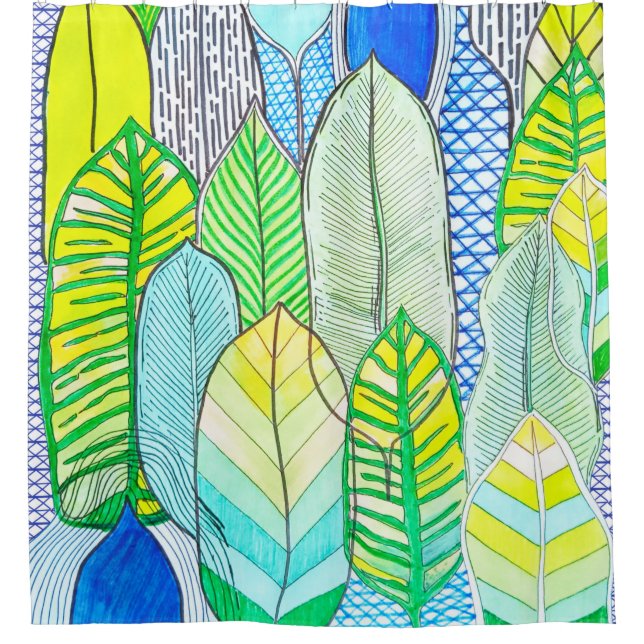 Gelbe Niedliche moderne tropische Boho-Blätter Duschvorhang (Vorderseite)