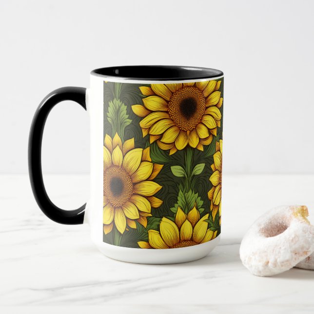 Gelbe Orangenblüte mit Grün und Braun Tasse (Mit Donut)