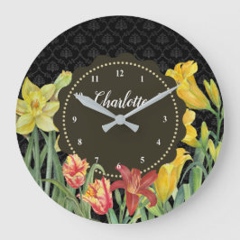 Gelbe Orangenfrühlingsblumen Damask Große Wanduhr