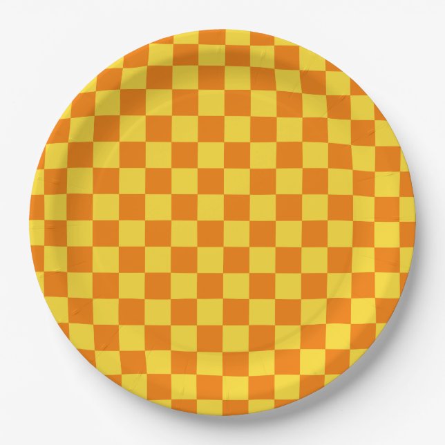 Gelbe Orangenkarton Checkered Checkered Checkered  Pappteller (Vorderseite)