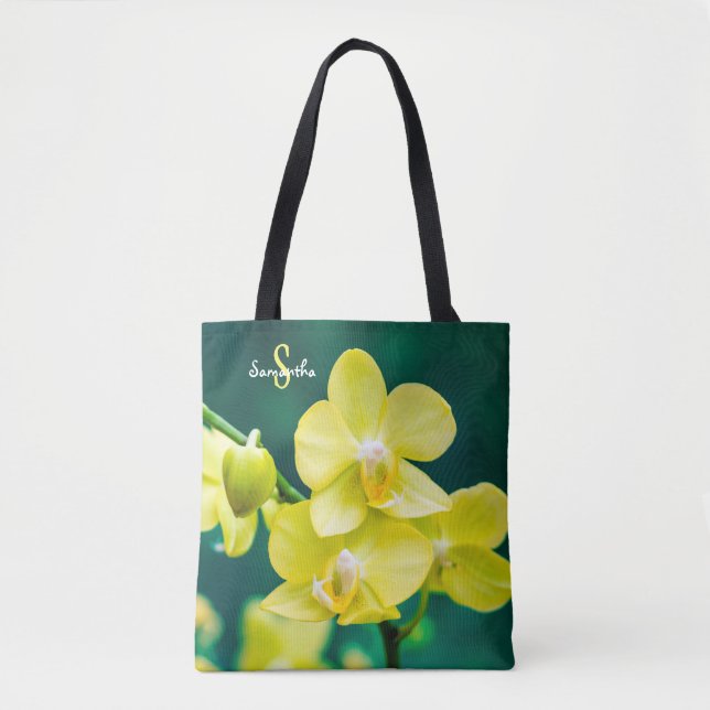 Gelbe Orchidee auf grüner Tragetasche (Vorderseite)