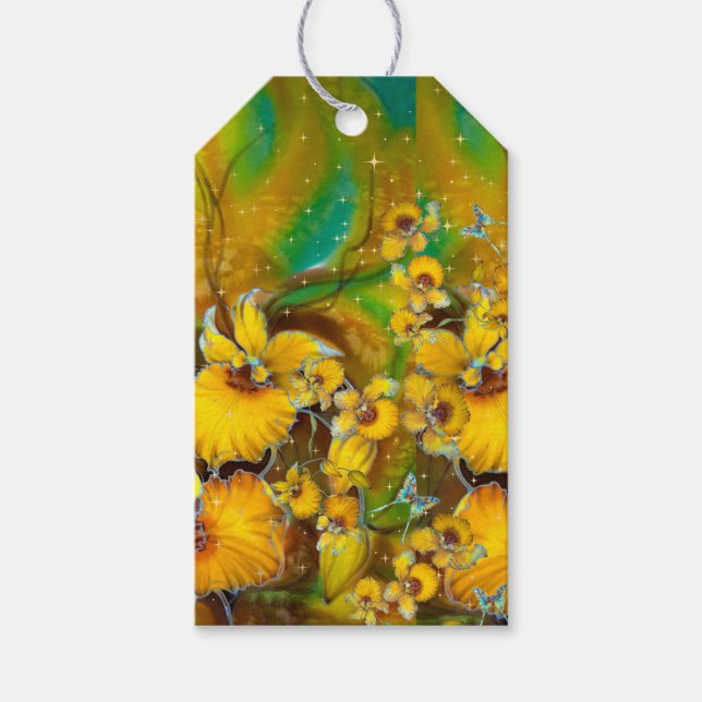 Gelbe Orchideen Magische Glitzern Stars Grün Geschenkanhänger (Vorderseite)