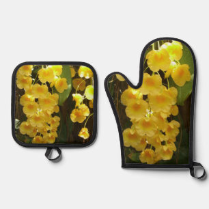 Gelbe Orchideen - tropische Blume Ofenhandschuh & Topflappen-Set