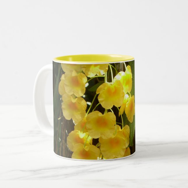 Gelbe Orchideen - tropische Blume Zweifarbige Tasse (Vorderseite Links)