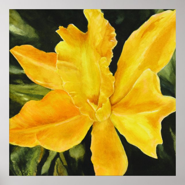 Gelbe Orchideenlackierung, grüner Hintergrund Poster (Vorne)