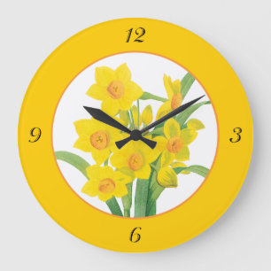 Gelbe Osterglocken auf orangem Blumenzifferblatt m Große Wanduhr