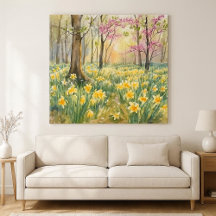 Gelbe Osterglocken im Frühlingswald Aquarell