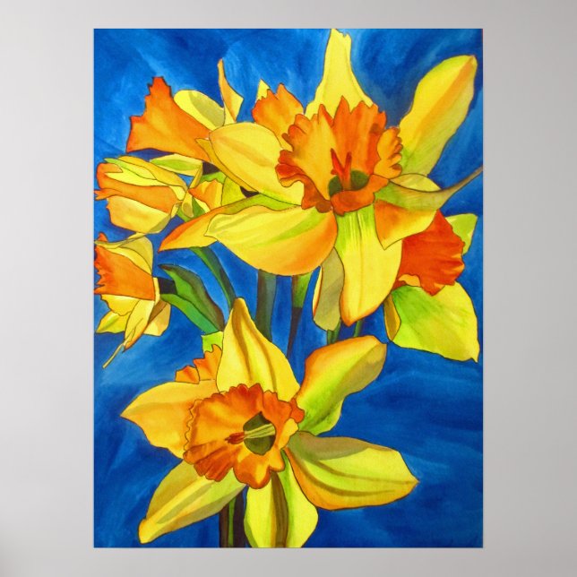 Gelbe Osterglocken Original-Aquarell-Blumenkunst Poster (Vorne)