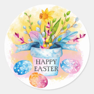 Gelbe Osterglocken Rosa Blaue Eier Frohe Ostern Runder Aufkleber