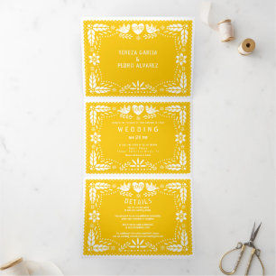 Gelbe Papel Picado Liebesvögel Hochzeit Dreifach Gefaltete Einladung