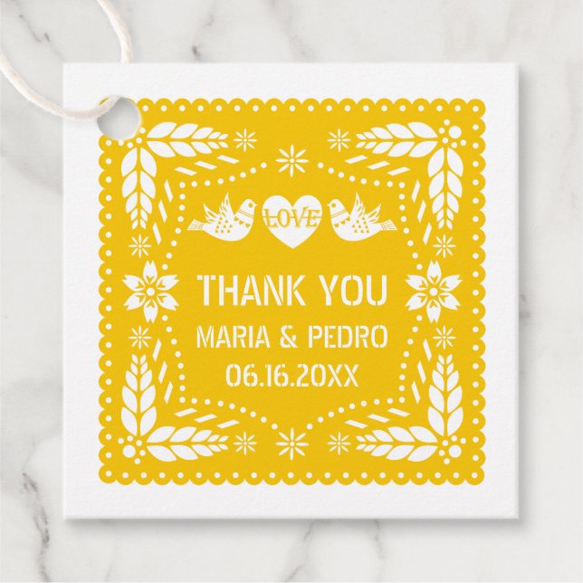 Gelbe Papel Picado Liebhaber von Vögeln Hochzeit F Geschenkanhänger (Vorderseite)