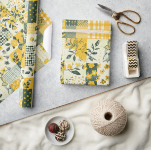 Gelbe Patchwork-Quilt-Gingham-Cottagecore-Blumen Geschenkpapier