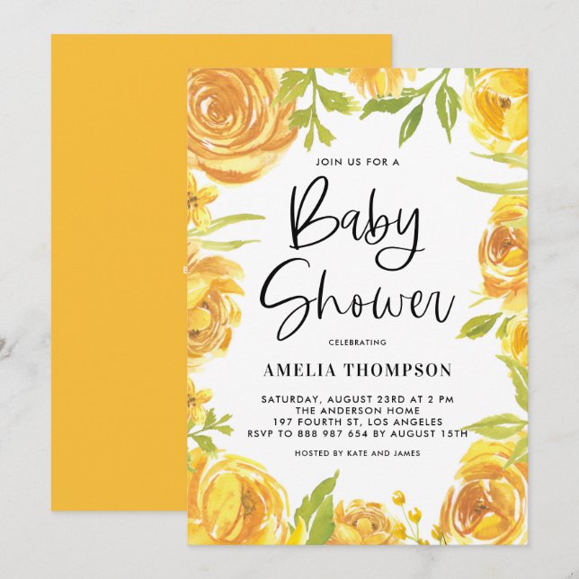 Gelbe Peongs und Rose Blumenkleider Kinderdusche Einladung (Vorne/Hinten)