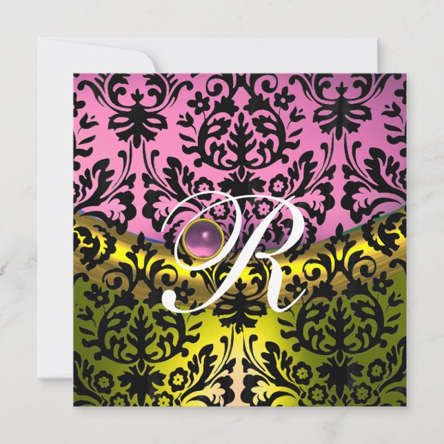 GELBE PINK LAVENER SCHWARZES DAMASK-MONOGRAMM EINLADUNG (Vorderseite)