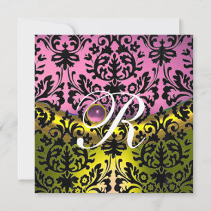 GELBE PINK LAVENER SCHWARZES DAMASK-MONOGRAMM EINLADUNG
