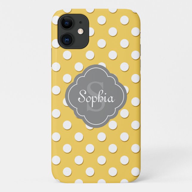 Gelbe Polka Dot Muster Grau Monogramm Case-Mate iPhone Hülle (Rückseite)