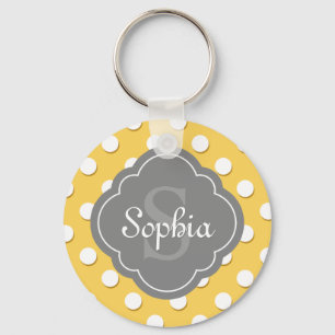 Gelbe Polka Dot Muster Grau Monogramm Schlüsselanhänger