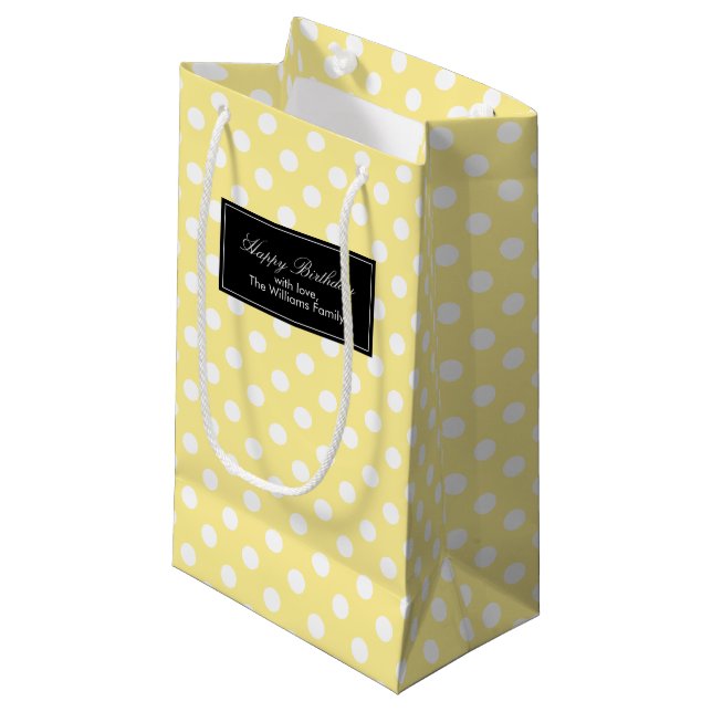 Gelbe Polka Dots Personalisiert Kleine Geschenktüte (Vorderseite Schrägansicht)