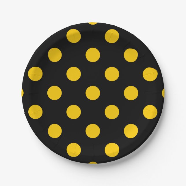 Gelbe Polka-Punkte mit schwarzem Hintergrund Pappteller (Vorderseite)