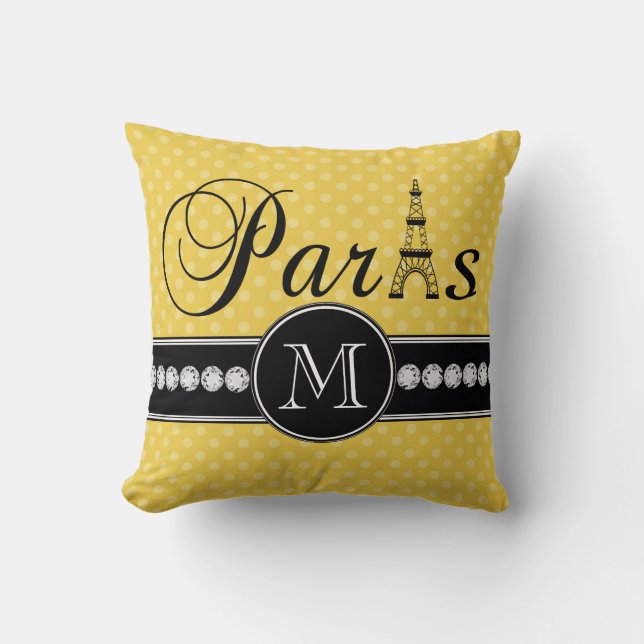 Gelbe Polka-Punkte Paris mit Monogramm Kissen (Vorderseite)