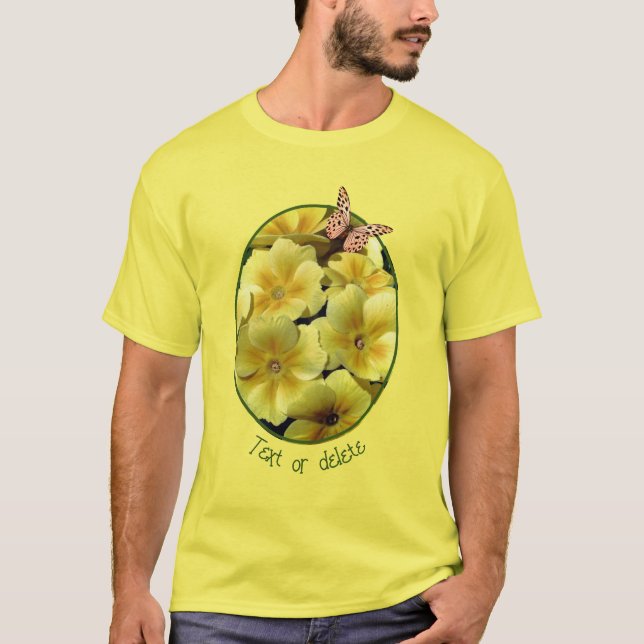 Gelbe Primrose-Blume und Schmetterling T-Shirt (Vorderseite)