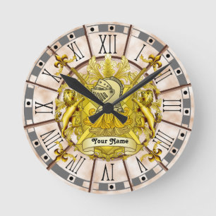 Gelbe Ritterfamilien-Wappen-Uhr Runde Wanduhr
