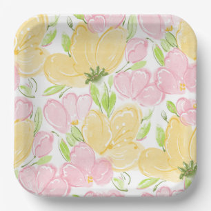 Gelbe rosa Blumenpapier-Teller, Botanische Blumen Pappteller
