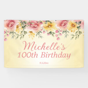 Gelbe rosa Blumenparty zum 100. Geburtstag Banner