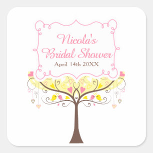 Gelbe rosa florale Vogel-Braut-Party  Quadratischer Aufkleber