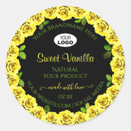 Gelbe Rosa Rahmen auf schwarzen Produktetiketten m Runder Aufkleber