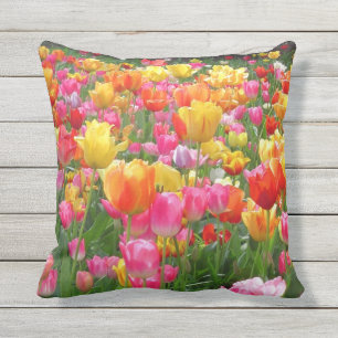Gelbe rosa Tulpen des orange Rotes Kissen