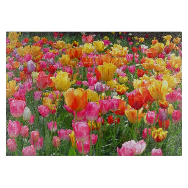 Gelbe rosa Tulpen des orange Rotes Schneidebrett (Vorderseite)