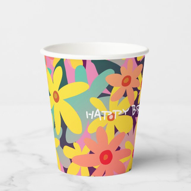 Gelbe, rosa und orangefarbene Blume Pappbecher (Vorderseite)