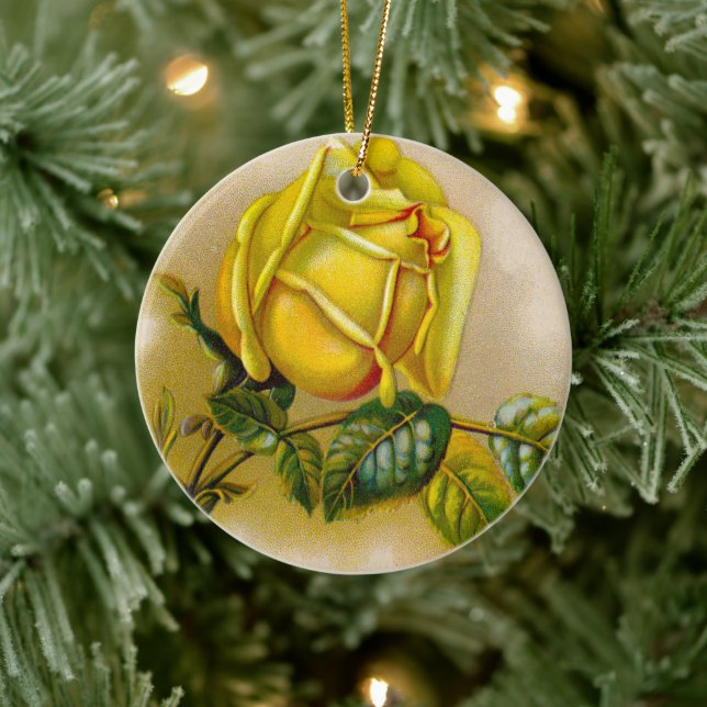 Gelbe Rose Antike Vintage Druckkunst Keramikornament (Baum)