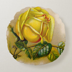 Gelbe Rose Antike Vintage Druckkunst Rundes Kissen