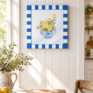 Gelbe Rose Blau-weiße Teekanne mit kariertem Rand Poster